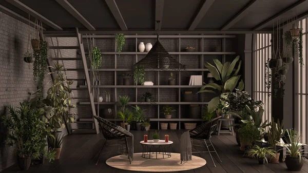 Moderne serre, wintertuin, grijs interieur, lounge met rotan fauteuil en tafel. Mezzanine met ijzeren trap, parketvloer. Relax ruimte vol met potplanten — Stockfoto