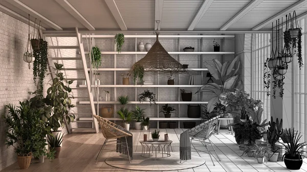 Arquitecto concepto de diseñador de interiores: proyecto inacabado que se convierte en real, moderno conservatorio, diseño de interiores de jardín de invierno, salón, sillones. Relax espacio lleno de plantas en maceta —  Fotos de Stock