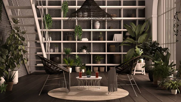 Modern conservatory, winter garden, white and gray interior design, lounge with rattan armchair, table. Mezzanine and iron staircase, parquet floor. Relax space full of potted plants — 스톡 사진