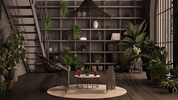 Современная оранжерея, зимний сад, серый дизайн интерьера, гостиная с креслом из ротанга и столом. Мезонин с железной лестницей, паркетный пол. Место для отдыха, полное растений в горшках — стоковое фото