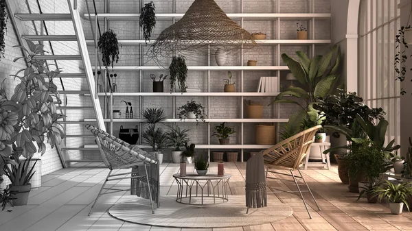 Architect interior designer concept: unfinished project that becomes real, modern conservatory, winter garden interior design, lounge, armchairs. Relax space full of potted plants — 스톡 사진