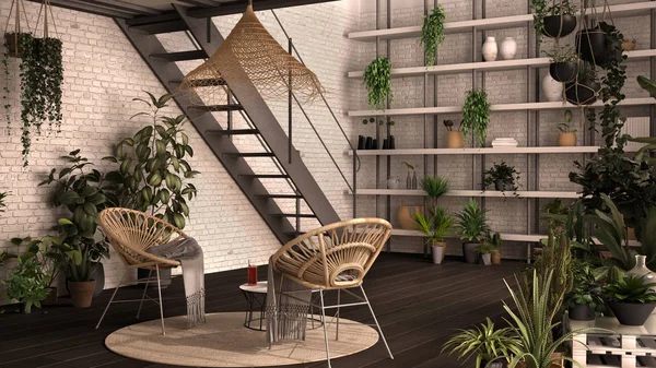 Moderno invernadero, jardín de invierno, diseño interior blanco y gris, salón con sillón de ratán, mesa. Mezzanine y escalera de hierro, suelo de parquet. Relax espacio lleno de plantas en maceta — Foto de Stock