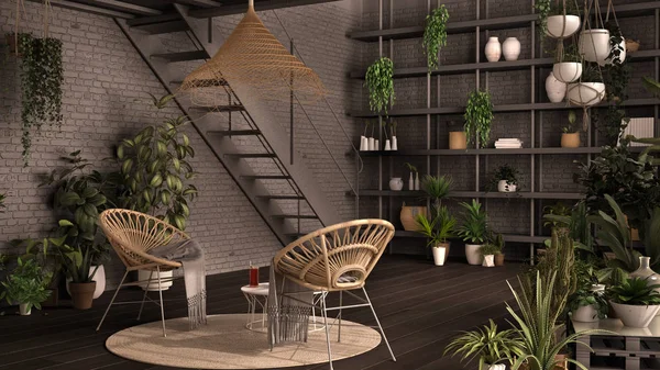 Moderno invernadero, jardín de invierno, diseño interior blanco y gris, salón con sillón de ratán, mesa. Mezzanine y escalera de hierro, suelo de parquet. Relax espacio lleno de plantas en maceta — Foto de Stock