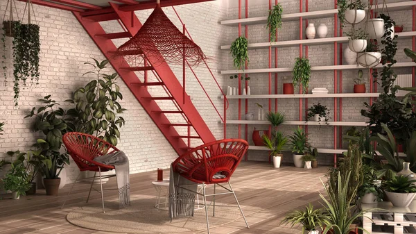现代温室，冬季花园，白色和红色室内设计，休息厅与藤椅，桌子。 夹层，铁梯，地板。 充满盆栽植物的休憩空间 — 图库照片