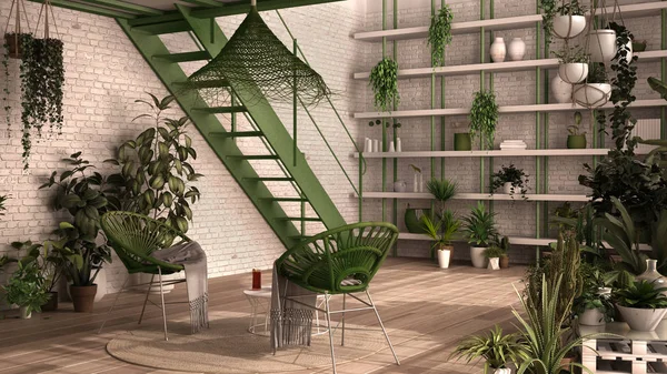 现代温室，冬季花园，白色和绿色室内设计，休息厅，藤椅，桌子。 夹层，铁梯，地板。 充满盆栽植物的休憩空间 — 图库照片