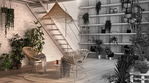 Architecte design d'intérieur concept : projet inachevé qui devient réel, véranda moderne, jardin d'hiver design d'intérieur, salon, fauteuils. Détendez-vous espace plein de plantes en pot — Photo