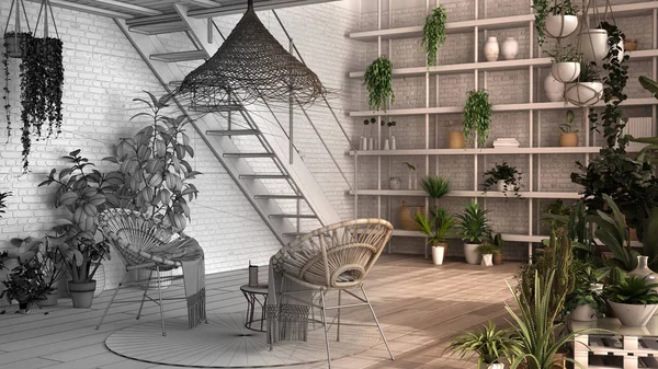 Koncepcja architekta wnętrz: niedokończony projekt, który staje się prawdziwym, nowoczesnym konserwatorium, projektowanie wnętrz ogrodu zimowego, salon, fotele. Relaks przestrzeń pełna roślin doniczkowych — Zdjęcie stockowe