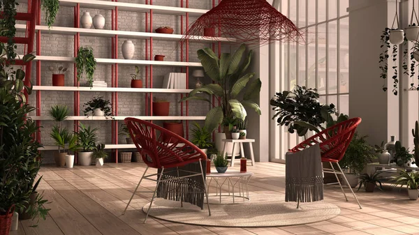 Moderno invernadero, jardín de invierno, diseño interior blanco y rojo, salón con sillón de ratán, mesa. Mezzanine y escalera de hierro, suelo de parquet. Relax espacio lleno de plantas en maceta —  Fotos de Stock