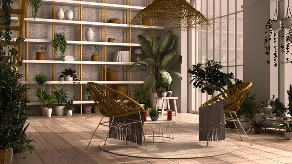 Moderno invernadero, jardín de invierno, diseño interior blanco y amarillo, salón, sillón de ratán, mesa. Mezzanine y escalera de hierro, suelo de parquet. Relax espacio lleno de plantas en maceta — Foto de Stock