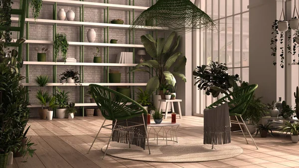 Moderno invernadero, jardín de invierno, diseño interior blanco y verde, salón, sillón de ratán, mesa. Mezzanine y escalera de hierro, suelo de parquet. Relax espacio lleno de plantas en maceta —  Fotos de Stock