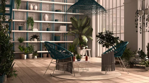 Современная оранжерея, зимний сад, белый и синий дизайн интерьера, гостиная с креслом из ротанга, стол. Мезонин и железная лестница, паркетный пол. Место для отдыха, полное растений в горшках — стоковое фото