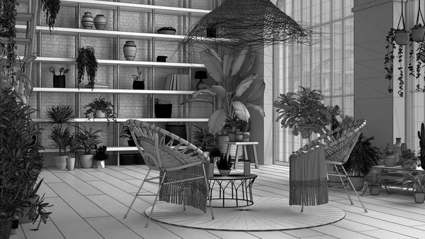 Unfinished project draft, modern conservatory, winter garden interior design, lounge with rattan armchairs. Mezzanine with staircase, parquet floor. Relax space full of potted plants