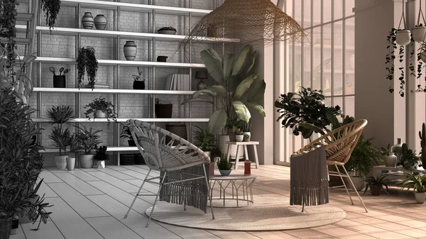 Koncepcja architekta wnętrz: niedokończony projekt, który staje się prawdziwym, nowoczesnym konserwatorium, projektowanie wnętrz ogrodu zimowego, salon, fotele. Relaks przestrzeń pełna roślin doniczkowych — Zdjęcie stockowe