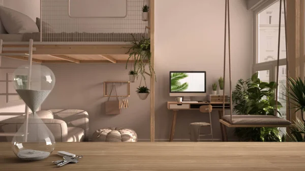 Wooden table, desk or shelf with crystal modern hourglass measuring passing time in a countdown to a deadline over studio apartment with loft bunk bed, mezzanine, interior design — 스톡 사진