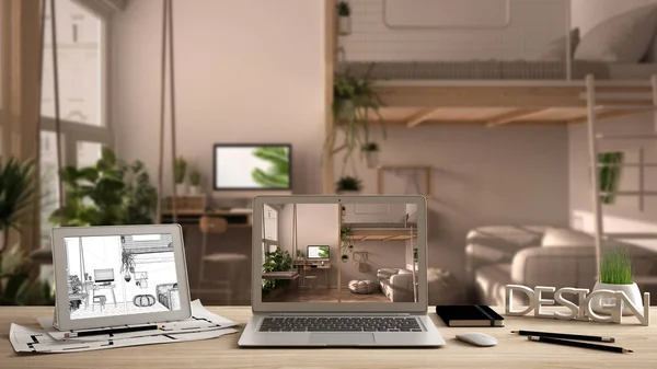 Arquiteto designer de conceito de desktop, laptop e tablet em mesa de madeira com tela mostrando projeto de design de interiores e esboço CAD, fundo esboço borrado, apartamento estúdio moderno — Fotografia de Stock