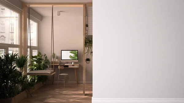 Apartamento estúdio minimalista com cama de casal loft beliche, mezanino, balanço em uma parede de primeiro plano, design de interiores — Fotografia de Stock