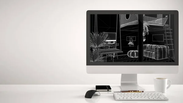 Architektenhaus-Projektkonzept, Desktop-Computer auf weißem Hintergrund, Schreibtisch mit Cad-Skizze, modernes Schlafzimmer mit Etagenbett, Innenarchitektur-Idee mit Kopierraum — Stockfoto