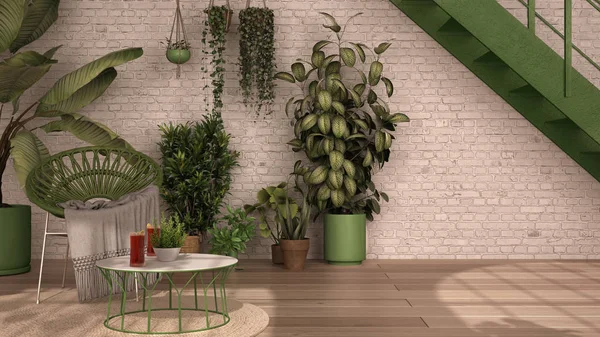 Salón rústico con sillón de ratán y mesa de centro, suelo de parquet, escalera de metal de hierro. Paredes de ladrillo, diseño interior industrial blanco y verde. Relax espacio lleno de plantas en maceta —  Fotos de Stock