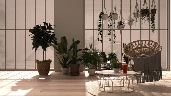 Modern télikert, télikert, fehér belső kialakítás, nappali rattan fotellel és asztallal. Ipari romantikus szoba, parketta. Pihenő tér tele cserepes növények — Stock Fotó