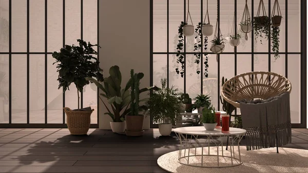Σύγχρονο ωδείο, χειμερινό κήπο, λευκό και γκρι εσωτερικό σχεδιασμό, σαλόνι με rattan πολυθρόνα και τραπέζι. Βιομηχανικό ρομαντικό δωμάτιο, παρκέ. Χαλαρώστε χώρο γεμάτο γλάστρες — Φωτογραφία Αρχείου