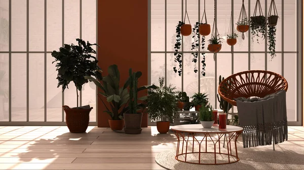 Modern conservatory, winter garden, white and orange interior design, lounge with rattan armchair and table. Industrial romantic room, parquet floor. Relax space full of potted plants — 스톡 사진