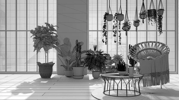 Незавершенный проект, современная оранжерея, зимний сад, белый дизайн интерьера, гостиная с креслом из ротанга и столом, паркетный пол. Место для отдыха, полное растений в горшках — стоковое фото