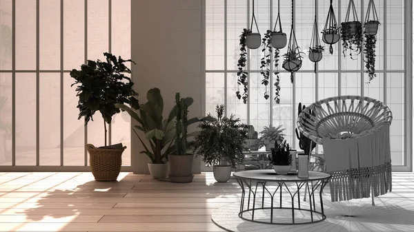 Architect interior designer concept: unfinished project that becomes real, modern conservatory, winter garden interior design, lounge, armchairs. Relax space full of potted plants