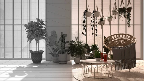 Architektonický koncept interiéru: nedokončený projekt, který se stává skutečným, moderní konzervatoř, zimní zahradní interiér design, salonek, křesla. Relaxační prostor plný květináčů — Stock fotografie