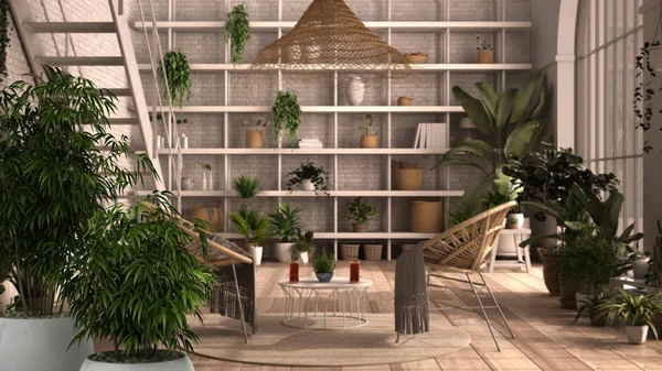 Дзен интерьер с растением бамбука в горшке, концепция природного интерьера, современная оранжерея, зимний сад, гостиная, кресло из ротанга, стол, паркет, архитектурная концепция — стоковое фото