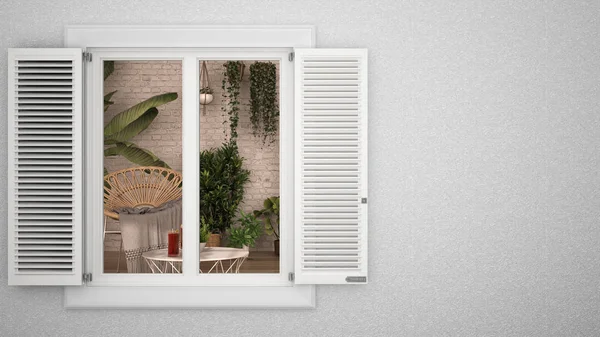 Exterior plaster wall with white window with shutters, showing interior conservatory, blank background with copy space, architecture design concept idea, mockup template — 스톡 사진