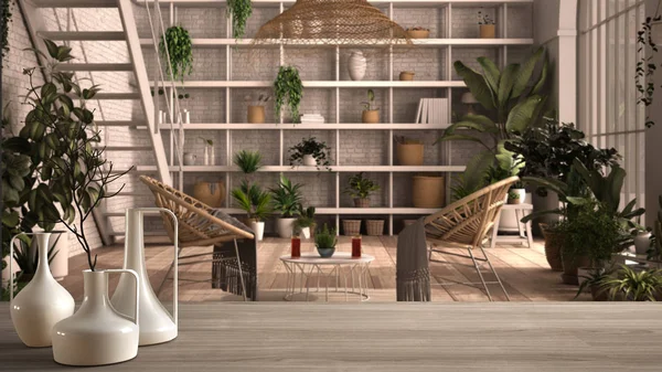 Trä bord eller hylla med minimalistiska moderna vaser över suddig modern vinterträdgård, lounge med rottingfåtölj och bord, minimal arkitektur inredning — Stockfoto