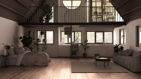 Modernt loft med mezzanin och trappa, parkettgolv och panoramafönster. Studio lägenhet, öppen planlösning, sovrum, vardagsrum, kök och balkong terrass, vit inredning — Stockfoto