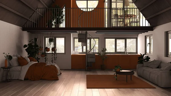 Modernt loft med mezzanin och trappa, parkettgolv och panoramafönster. Studio lägenhet, öppen planlösning, sovrum, vardagsrum, kök, balkong, vit och orange inredning — Stockfoto