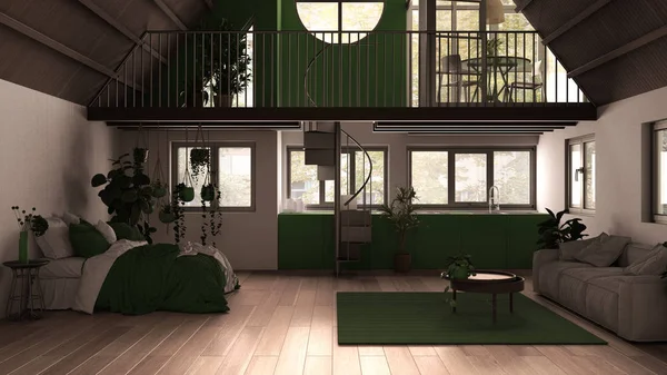 Moderno loft con entreplanta y escalera, suelo de parquet y ventanas panorámicas. Apartamento estudio, espacio abierto, dormitorio, sala de estar, cocina, balcón, diseño interior blanco y verde — Foto de Stock