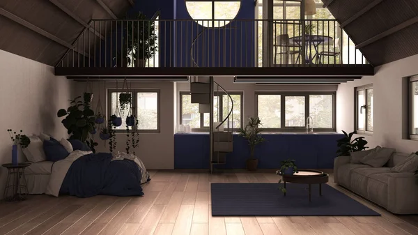 Loft moderno com mezanino e escadaria, piso em parquet e janelas panorâmicas. Apartamento estúdio, espaço aberto, quarto, sala de estar, cozinha, varanda, branco e roxo design de interiores — Fotografia de Stock