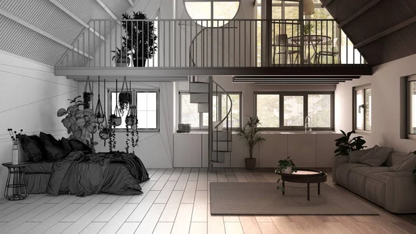 Mimar iç mimar konsepti: tamamlanmamış proje gerçeğe dönüşüyor, asma katlı çatı katı, merdiven. Stüdyo daire, yatak odası, oturma odası, mutfak, beyaz iç tasarım. — Stok fotoğraf