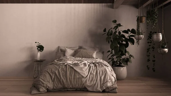 Dormitorio contemporáneo de cerca, suelo de parquet, loft de madera, paredes de yeso. Cama suave con almohadas, manta y edredón, mesita de noche con flores, plantas en maceta. Diseño interior blanco — Foto de Stock
