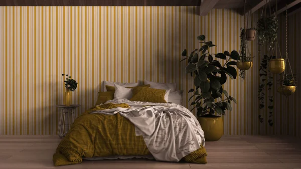 現代の寝室は、寄木細工の床、木製のロフト、石膏壁を閉じます。枕、毛布、羽毛布団、ベッドサイドテーブル、鉢植えの植物と柔らかいベッド。白と黄色のインテリアデザイン — ストック写真
