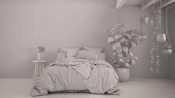 Teljes fehér vázlat, modern hálószoba, parketta, fapadló. Puha ágy párnákkal, takaróval és paplannal, éjjeliszekrénnyel, virágokkal, cserepes növényekkel. Belső kialakítás — Stock Fotó