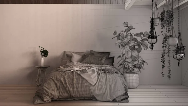 Архитектор концепции интерьера: незавершенный проект, который становится реальным, современная спальня крупным планом, паркетный пол, деревянный лофт. Кровать, подушки, одеяло и одеяло, горшечные растения — стоковое фото