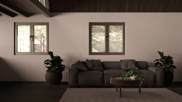Casa de campo sala de estar, salón con techo de madera, altillo. Cómodo sofá con almohadas, alfombras y macetas, parquet y ventanas, moderno diseño interior blanco y gris —  Fotos de Stock