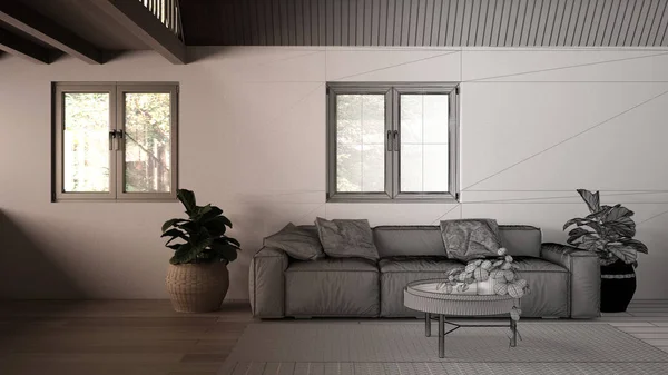 Architect interior designer concept: unfinished project that becomes real, country house living room, wooden roof. Comfortable sofa, pillows, carpet and plants, parquet and windows — 스톡 사진