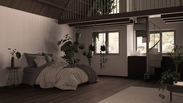 Μοντέρνο πατάρι με ημιώροφο και σκάλα, παρκέ δάπεδο και πανοραμικά παράθυρα. Διαμέρισμα στούντιο, ενιαίος χώρος, υπνοδωμάτιο με κρεβάτι, κουζίνα και βεράντα μπαλκόνι, γκρι εσωτερική διακόσμηση — Φωτογραφία Αρχείου