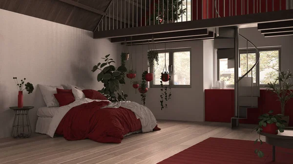 Moderno soppalco con soppalco e scala, pavimento in parquet e finestre panoramiche. Studio appartamento, open space, camera da letto, letto, cucina e balcone terrazza, bianco e rosso interior design — Foto Stock