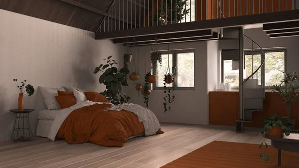 Loft moderno com mezanino e escadaria, piso em parquet e janelas panorâmicas. Apartamento estúdio, espaço aberto, quarto, cama, cozinha e terraço, branco e laranja design de interiores — Fotografia de Stock