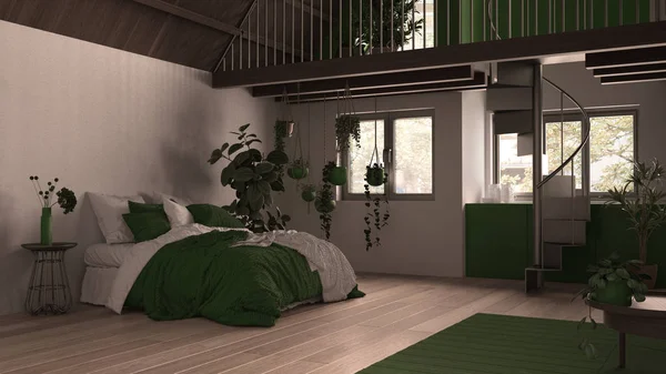 Moderno loft con entreplanta y escalera, suelo de parquet y ventanas panorámicas. Apartamento estudio, espacio abierto, dormitorio, cama, cocina y terraza, diseño interior blanco y verde — Foto de Stock