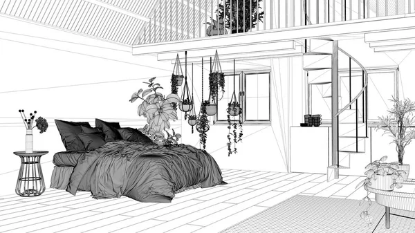 Entwurf des Projekts, modernes Loft mit Zwischengeschoss und Treppenhaus, Parkett und Fenstern. Einzimmerwohnung, offener Raum, Schlafzimmer mit Bett, Balkonterrasse, weißes Interieur — Stockfoto