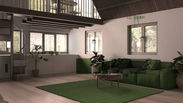 Modernt loft med mezzanin och trappa, parkettgolv och panoramafönster. Studio lägenhet, öppen planlösning, vardagsrum, soffa, kök och terrass, vit och grön inredning — Stockfoto