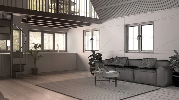 Architect interior designer concept: unfinished project that becomes real, modern loft with mezzanine, staircase, parquet, windows. Studio apartment, living room, kitchen and terrace — 스톡 사진