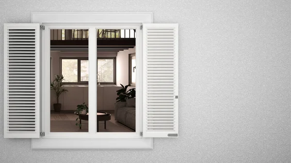 Exterior plaster wall with white window with shutters, showing interior country kitche and lounge, blank background with copy space, architecture design concept idea, mockup template — 스톡 사진